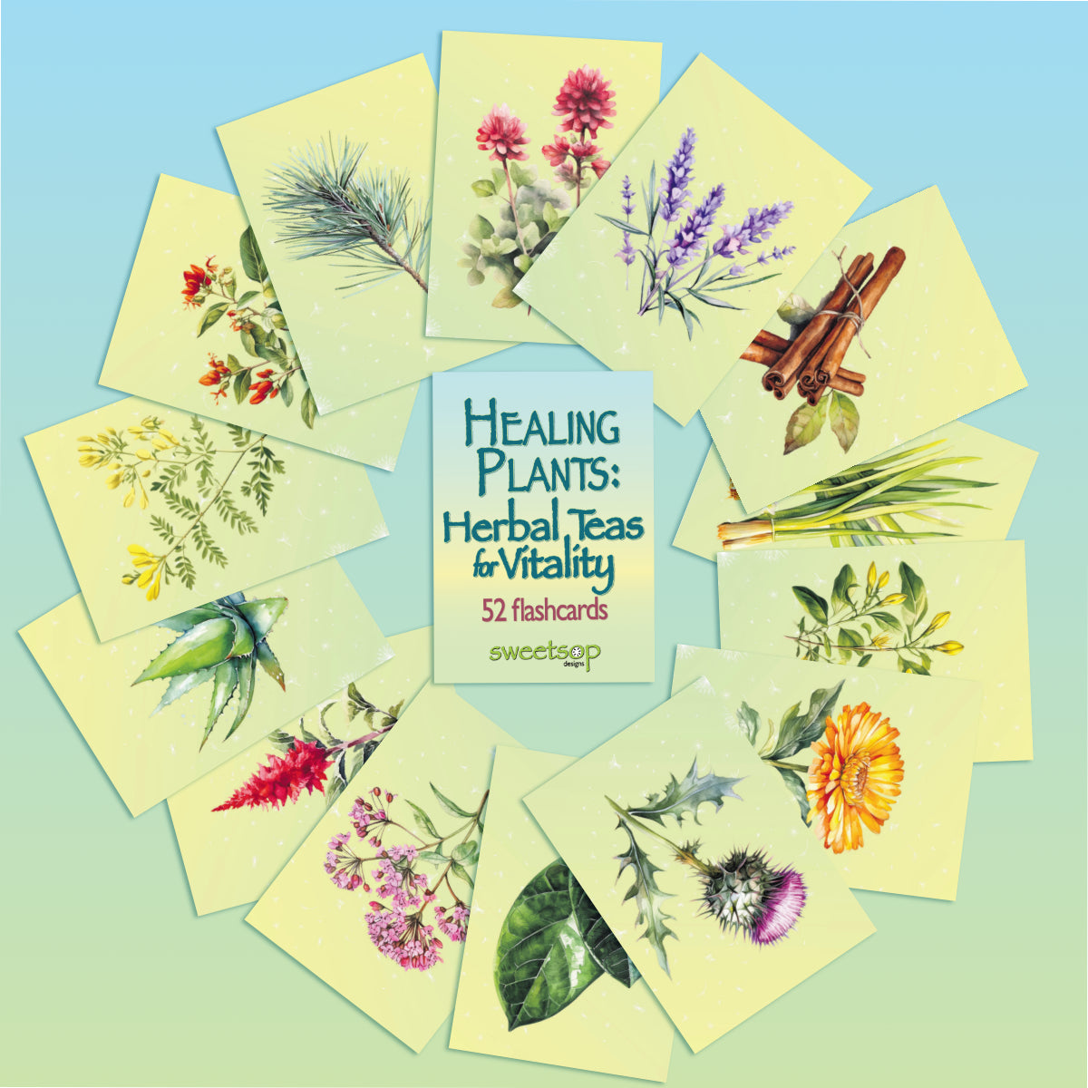 Image of the set of 'Healing Plants: Herbal Teas & Vitality' flashcards. This image shows a variety of the front sides of the cards with illustrations of the highlighted plant on each. Each illustration is on a card with a yellow and green gradient background.