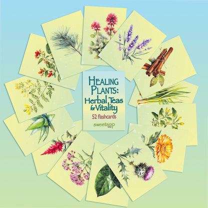Image of the set of 'Healing Plants: Herbal Teas & Vitality' flashcards. This image shows a variety of the front sides of the cards with illustrations of the highlighted plant on each. Each illustration is on a card with a yellow and green gradient background.