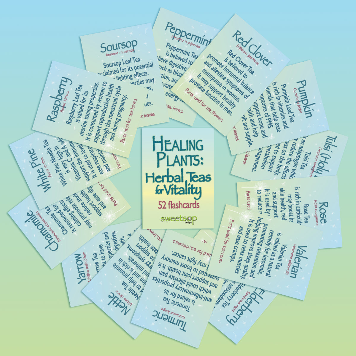 Image of the set of 'Healing Plants: Herbal Teas & Vitality' flashcards. This image shows a variety of the back sides of the cards. Each includes the name, scientific name, key benefits of the herbal tea and the parts used to make tea of the highlighted plant on each. The text on each card sits against a light blue and green gradient background.