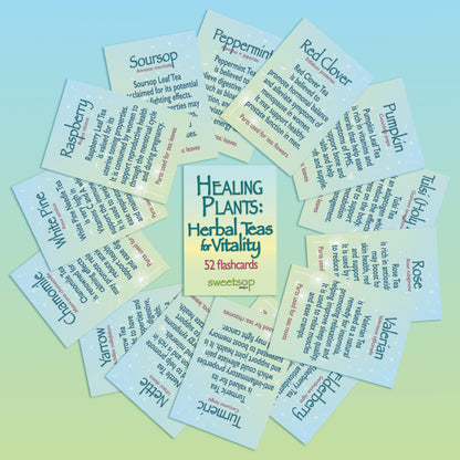 Image of the set of 'Healing Plants: Herbal Teas & Vitality' flashcards. This image shows a variety of the back sides of the cards. Each includes the name, scientific name, key benefits of the herbal tea and the parts used to make tea of the highlighted plant on each. The text on each card sits against a light blue and green gradient background.